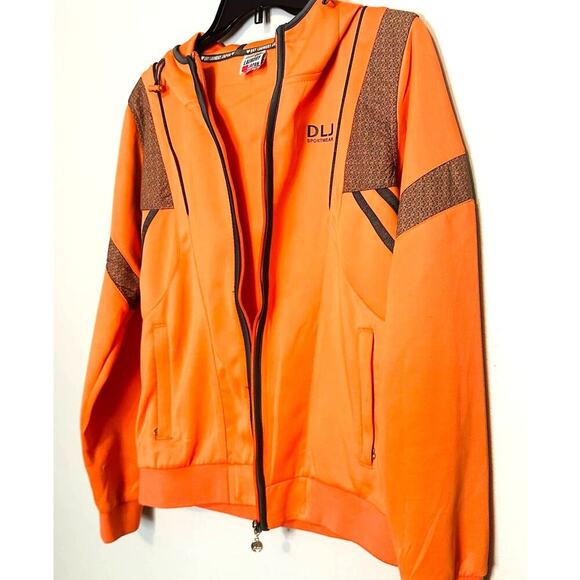 DLJ Sportswear Fluorescent Orange Zip Up Hooded Two Pocket Track Jacket Size L - Picture 5 of 13
